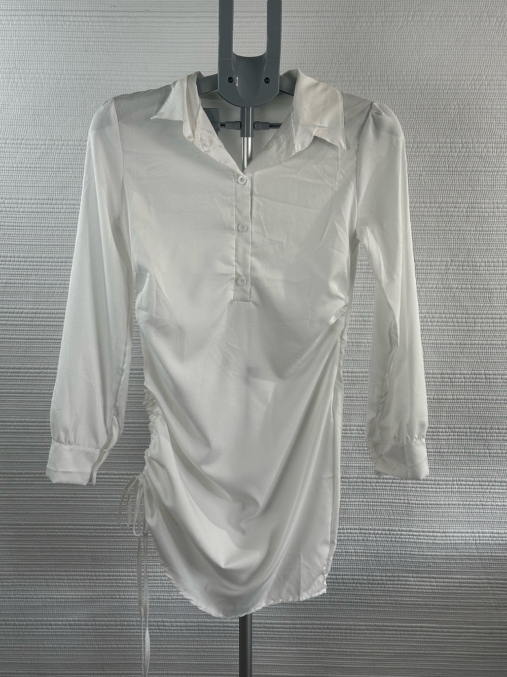 White Satin-Look Ruched Shirt Dress Minimalist Chic Side Tie Button Front Sz S - Picture 6 of 11
